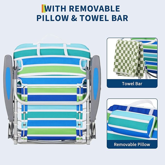 GarveeLife Backpack Beach Chair for Adults, Lightweight Portable Lay Flat Folding Beach Chair with 5 Reclining Positions, Backpack Straps, Phone Pocket, Cup Holder & Towel Bar
