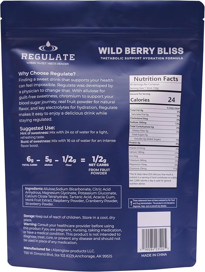 Regulate – Wild Berry Bliss Electrolyte Drink Mix | 30 Sticks | with Chromium & Electrolytes | Sweetened with Allulose & Monk Fruit | No Sugar, No Stevia | Vegan, Gluten-Free