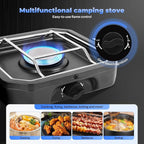 Adjustable 2 Burner Portable Camping Stove Propane (16000 BTU) with Camping Grill and Carrying Bag, Folding Propane Stove,Gas Camping Stove with Piezo Ignition for Camping, Backyard BBQ, Black