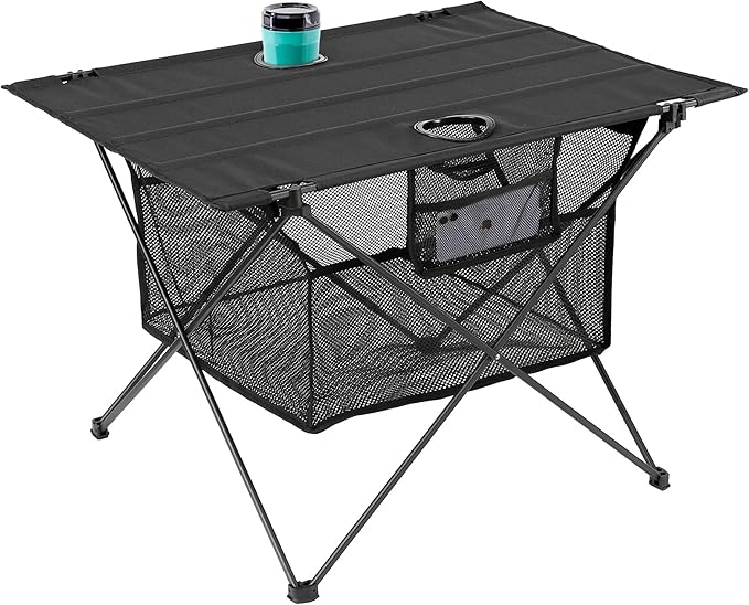 Lightweight Portable Fabric Camping Table with Cup Holders - Fold Up Beach Side Table with Large Storage Basket, Collapsible & Compact for Fishing Outdoor Picnic, 29.2" W x 21.7" D (Black)