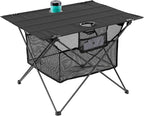 Lightweight Portable Fabric Camping Table with Cup Holders - Fold Up Beach Side Table with Large Storage Basket, Collapsible & Compact for Fishing Outdoor Picnic, 29.2" W x 21.7" D (Black)