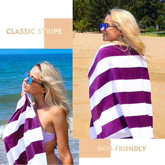 Exclusivo Mezcla 4 Pack Cotton Large 30x60 Inches Soft Cabana Stripe Thick Beach Towel, Super Absorbent Travel Bath Pool Towel (Purple)