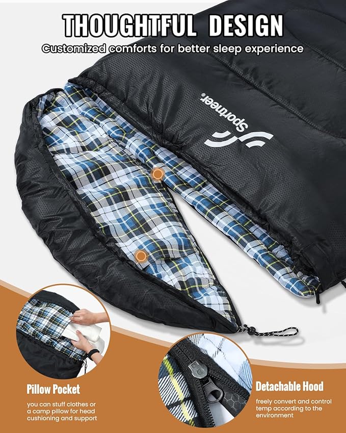 Sportneer Sleeping Bags for Adults, 0 Degree Sleeping Bag XL Flannel Winter Cold Weather Sleeping Bag with Detachable Hood Compression Sack for Camping, Backpacking, Hiking