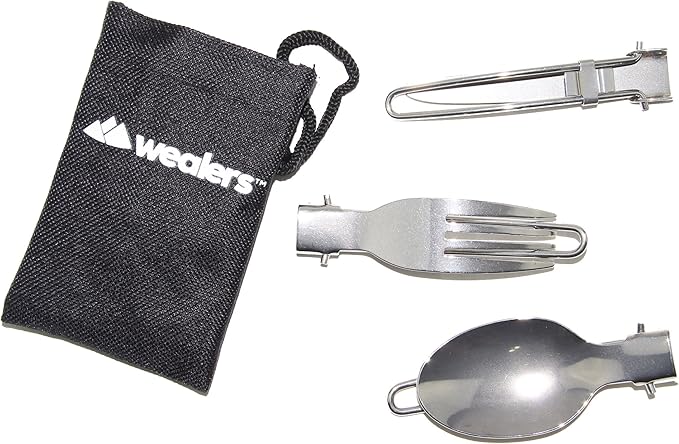 Wealers Stainless Steel 3 Piece Folding Camping Picnic Cutlery Utensil Set, Spoon Fork Knife,