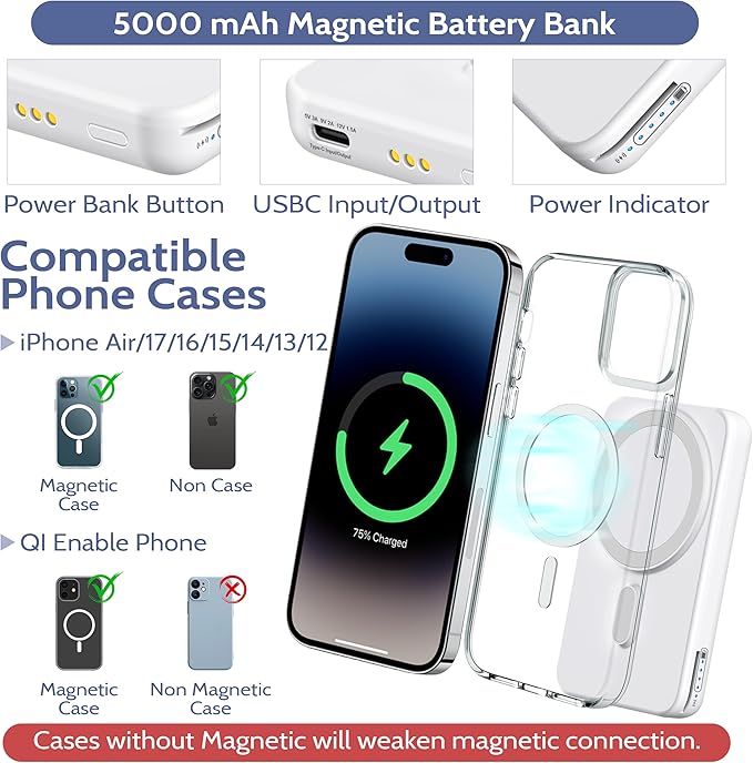 3-in-1 Wireless Charging Station: Portable 5000mAh Power Bank Charger Compatible for Phone Air/17/16/15/14/13/12 Series and Watch - Detachable Magnetic Charging Stand White