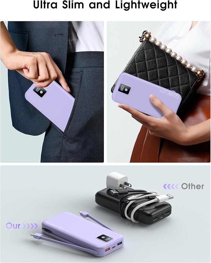 Portable Charger, 12000mAh 22.5W Fast Charging Power Bank with Built-in Cables & Wall Plug, Travel Essential Battery Pack with LED Display, USB C Battery Phone Charger for iPhone, iPad, Samsung Purple