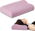 Travel Pillow Memory Foam Pillows, Ergonomic Wave Cervical Neck Pillow for Neck Pain Relief, Compressible Medium Firm Side Sleeper Pillow, Ideal for Camping, Office, Home & Bed (Pink, S)
