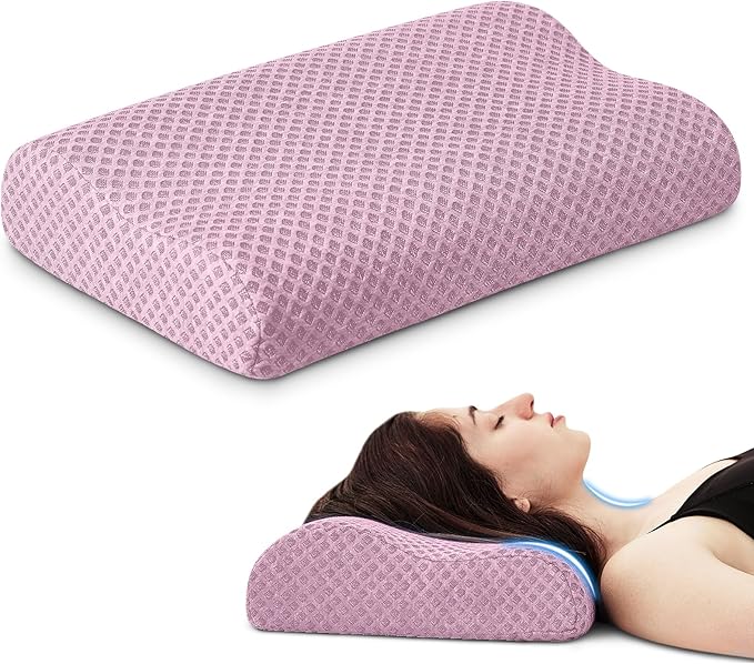 Travel Pillow Memory Foam Pillows, Ergonomic Wave Cervical Neck Pillow for Neck Pain Relief, Compressible Medium Firm Side Sleeper Pillow, Ideal for Camping, Office, Home & Bed (Pink, M)