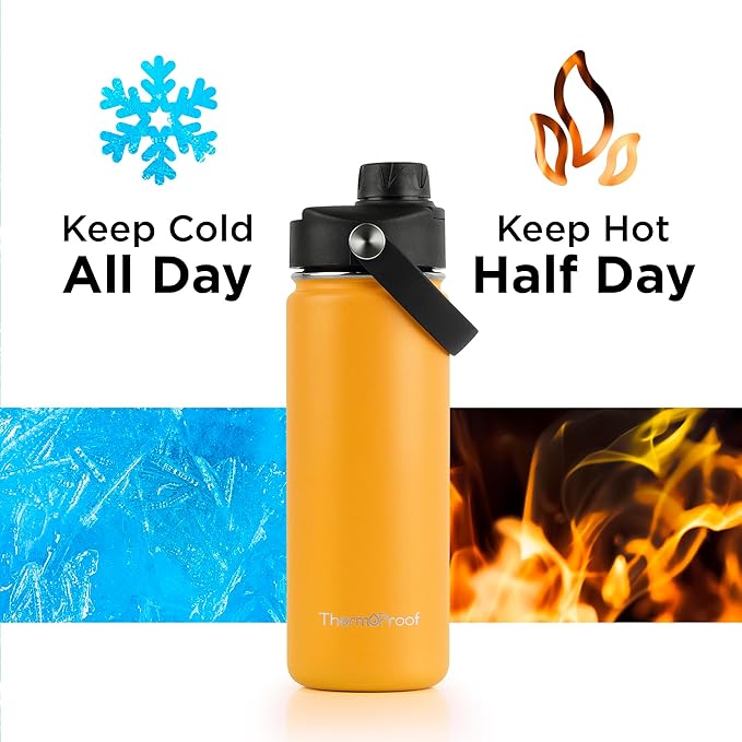 ThermoProof Insulated Water Bottle – Stainless Steel, Wide Mouth, Flip & Spout Lids, Leakproof, Dishwasher Safe, Reusable – Keeps Drinks Hot or Cold – for Adults & Kids – 18oz, Amber