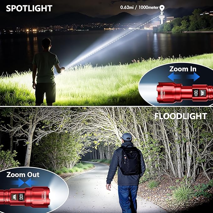 WdtPro LED Rechargeable Flashlight 2 Pack, Super Bright Zoomable 6000 Lumens Tactical Flashlight with LCD Digital Display, 3 Mode Waterproof Flash Light for Camping, Hunting & Home Emergency - Red