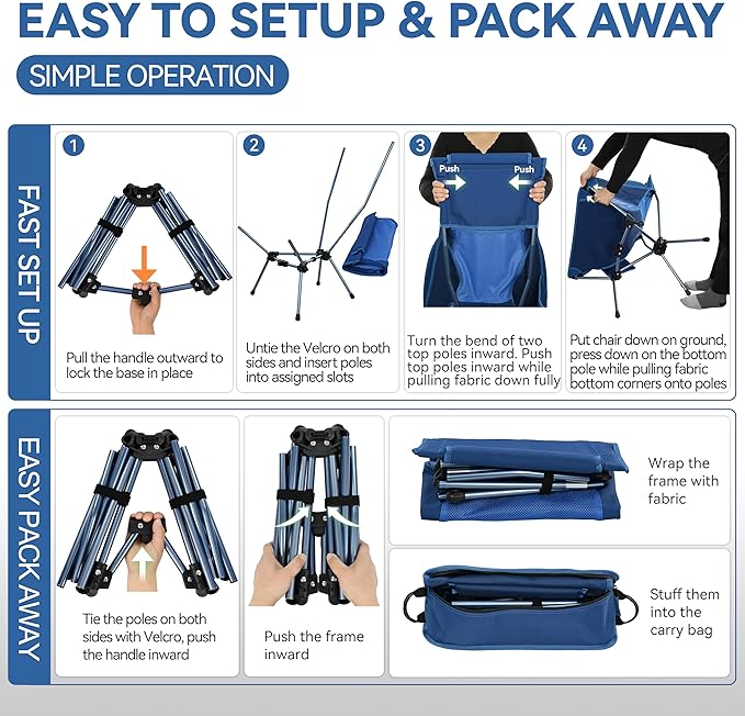 MARCHWAY Lightweight Folding High Back Camping Chair with Head Support, Stable Portable Compact for Outdoor Camp, Travel, Beach, Picnic, Festival, Hiking, Backpacking (Highback Dark Blue)