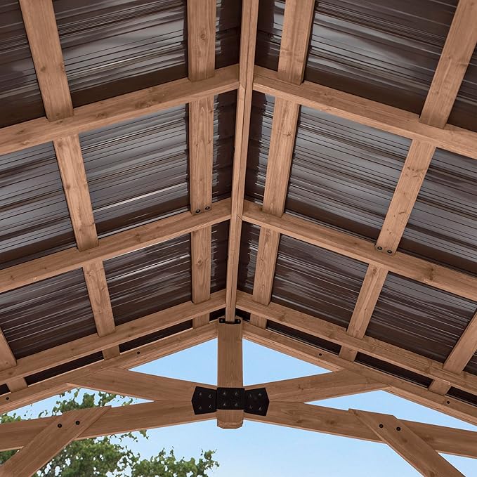 Backyard Discovery Norwood 10' x 10' Cedar Wood Outdoor Gazebo Pavilion with Hardtop Galvanized Steel Peak Roof, Snow Support, Wind Resistance, PowerPort, Shade for Garden, Patio, Deck, Entertaining