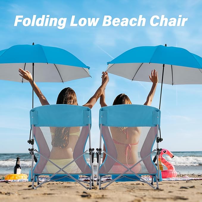 Homcosan Portable Low Folding Beach Chairs Set of 2 with Detachable Umbrellas - Lightweight Camping Chairs for Adults with Cup Holder & Storage Pockets, Carry Bag Included (Blue & Pink)