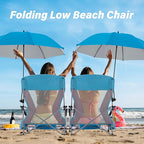 Homcosan Portable Low Folding Beach Chairs Set of 2 with Detachable Umbrellas - Lightweight Camping Chairs for Adults with Cup Holder & Storage Pockets, Carry Bag Included (Blue & Pink)