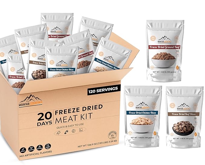 MOUNTAIN ESSENTIALS 120 Servings Freeze Dried Premium Variety Fully Cooked Meat Kit | High Protein Intake Contains 2988 Protein Ready to Eat Emergency Survival Easy Prep Food For Camping & Backpacking