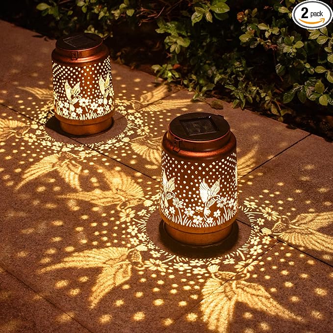 2 Pack Hummingbird Birthday Gifts for Women Mom Grandma Solar Lanterns Outdoor Waterproof Garden Decor Metal Hanging LED Decorative Light for Patio Yard Lawn Backyard Front Porch Gardening Gifts