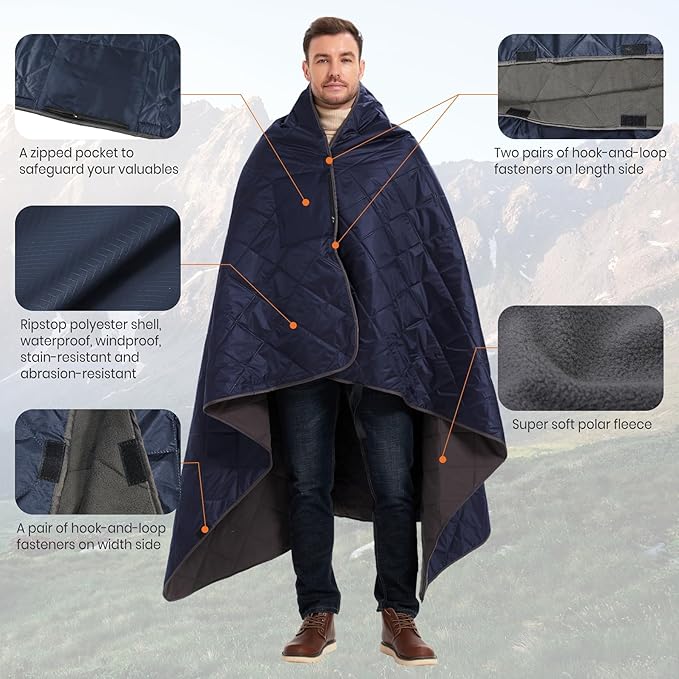 4-in-1 Large Outdoor Blanket - Waterproof & Windproof Thickened Warm Fleece Camping Blanket for Stadium, Hiking, Sporting Events - 81"x57", Packable (Royal Blue)