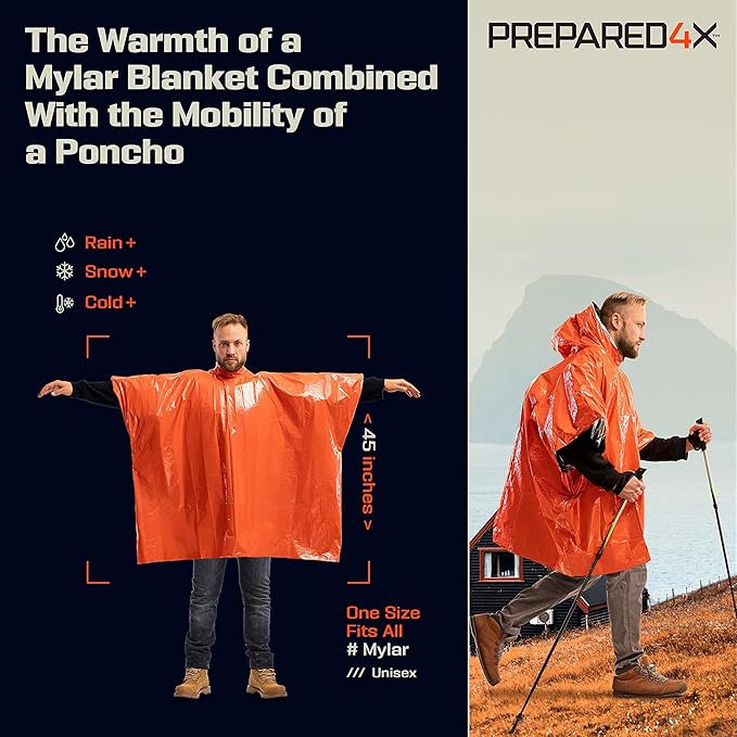 PREPARED4X Emergency Poncho and Mylar Blanket Liner - Waterproof, Wind-Resistant Outdoor Rain Poncho for Camping, Emergencies