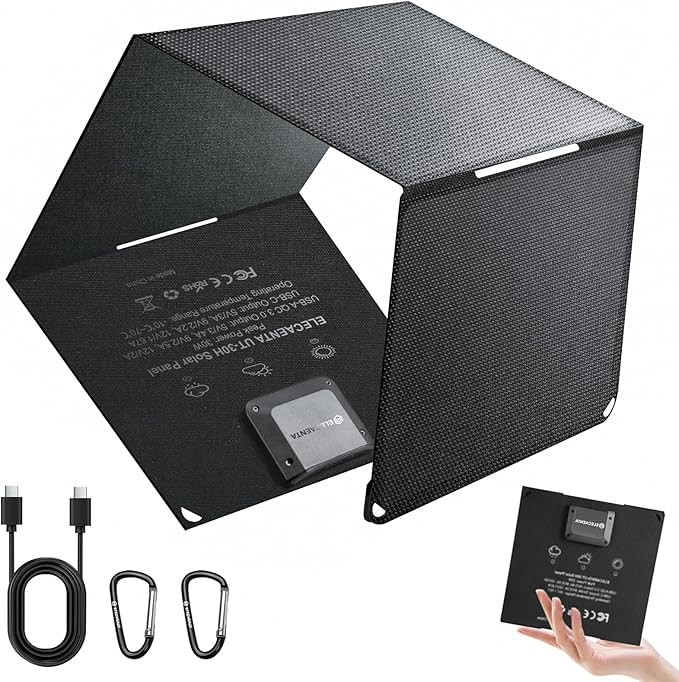 ELECAETNA 30W Solar Panel, HPBC Solar Cells with 25.4% Conversion, USB C & USB QC3.0 Fast Charging, 1.1lbs Ultra Light, Foldable and Portable Solar Charger for Cellphones Tablet Camping Backpacking