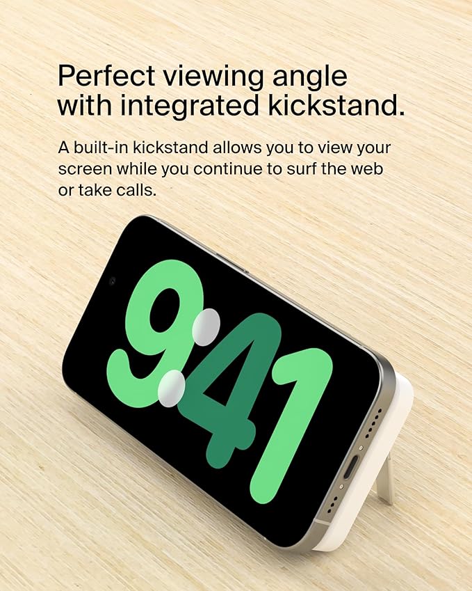 Belkin Portable Charger, Wireless Power Bank 15W 5000 mAh w/ Qi2 - MagSafe Charger w/Built-in Pop-up Kickstand - iPhone 17, Air, Pro, Pro Max, AirPods, Apple Watch, Google Pixel 10, etc. - White