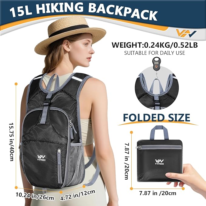 15L Hiking Backpack - Small Lightweight Packable Daypack Travel Outdoor Foldable Shoulder Bag Camping Hiking Backpack for Women Men - Black