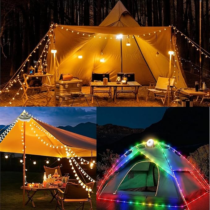 2-Pack Camping String Lights | Rechargeable 4 in 1 Quick Storage 32.8FT Tent Lights with 8 Modes | Hanging Waterproof LED Lamp for Outdoor Patio Garden Party | Christmas Holiday Decor - Camping Gear