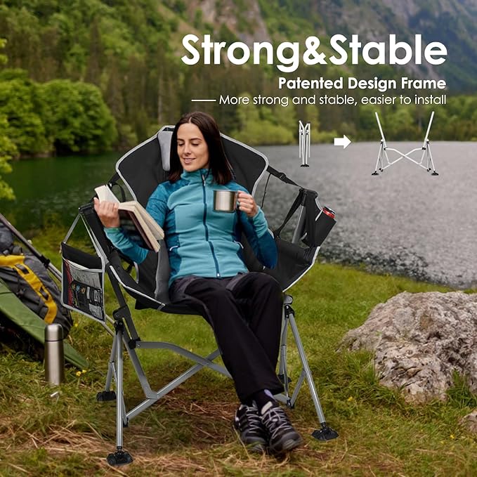 Oversized Hammock Camping Chairs, Folding Swing Chair with 1-Step Design, Swinging Hammock Chair with Adjustable Backrest, Lumbar Support & Headrest for Outdoor&Indoor, Support 400LBS, Black