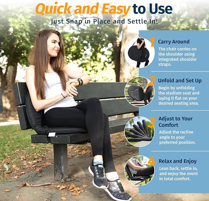 Alpcour Folding Stadium Seat – Deluxe Outdoor Camping Reclining Waterproof Cushion Chair for Bleachers – Best 6-Position Back Support Picnic Bleacher Seats w/Extra Thick Padding for Support & Comfort