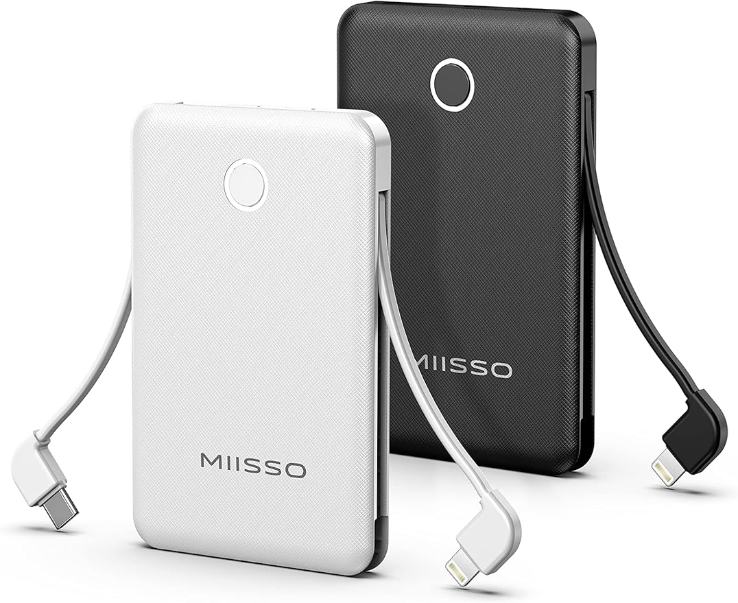 2-Pack 6000mah Ultra Slim Built in Cables Power Bank, Card Size Built in USB C Cords Battery Pack Portable Charger for Phones, 3 Output External Battery Pack Compatible with iPhone, Black & White