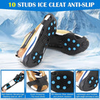 Anti Slip Ice Cleats, Ice Snow Traction Cleats for Walking on Snow and Ice, 10 Steel Studs Crampons, Ice Snow Grips with Extra 20 Replacement Studs for Shoes and Boots