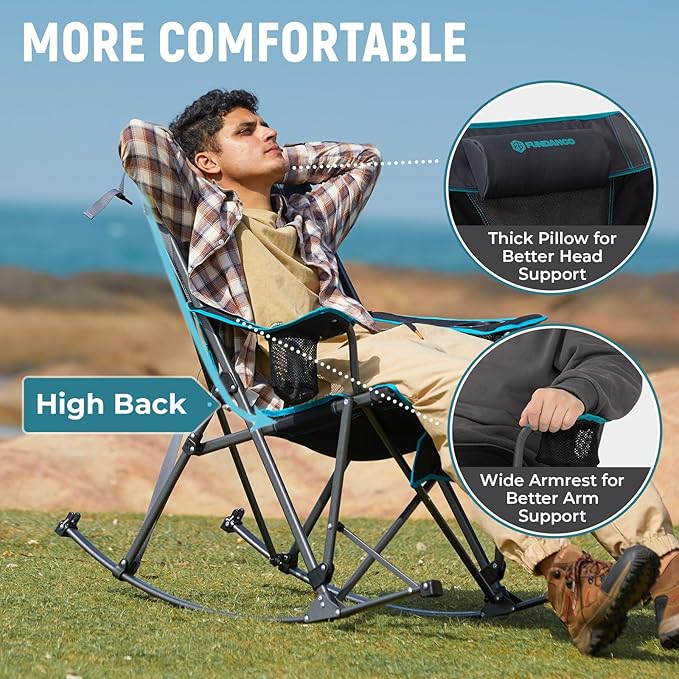FUNDANGO Rocking Camping Chair, High Mesh Back Portable Folding Camp Chairs with Pillows, Cup Holder and Carry Bag for Lawn Patio Garden Outdoor Supports 300 Lbs (Black/Blue)