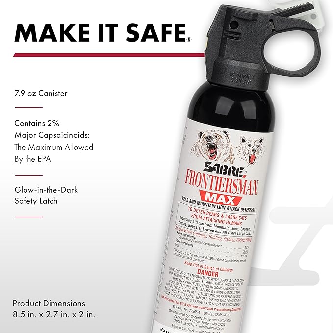 SABRE Frontiersman MAX Bear Spray – 40 ft Range, Maximum Strength, The Only EPA-Registered Spray for Bears & Mountain Lions, 7.9 oz, Glow Safety Clip, Outdoor Hiking & Camping Protection
