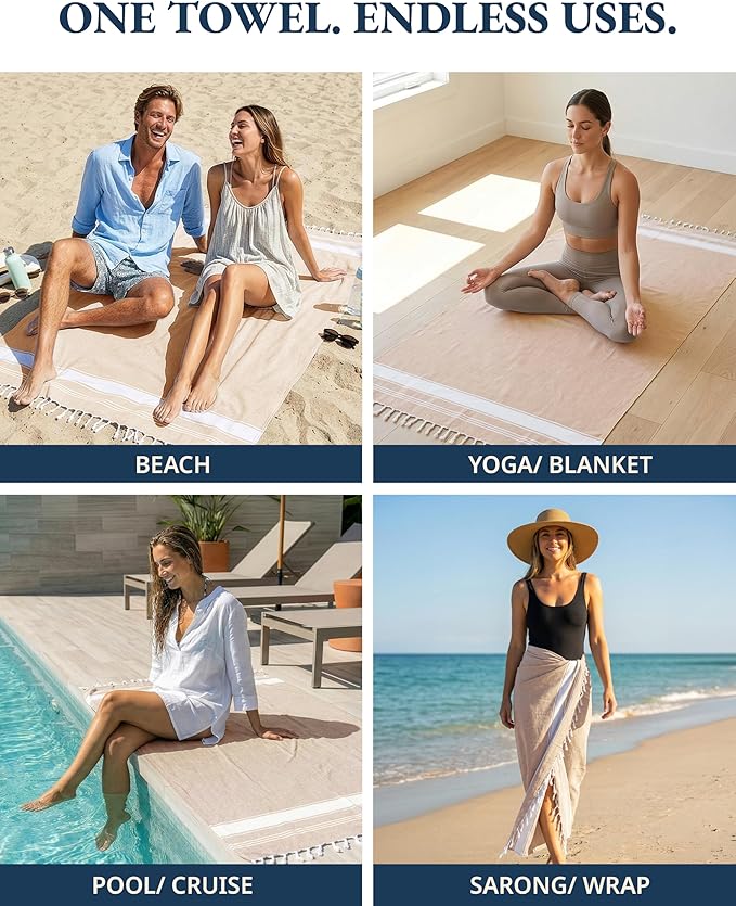 LANE LINEN Beach Towel 4 Pack, Oversized Beach Towels for Adults, Lightweight Travel Beach Towels, Pre-Washed for Soft Hand Feel, Quick Dry Beach Towels, 39"x71" - Beige