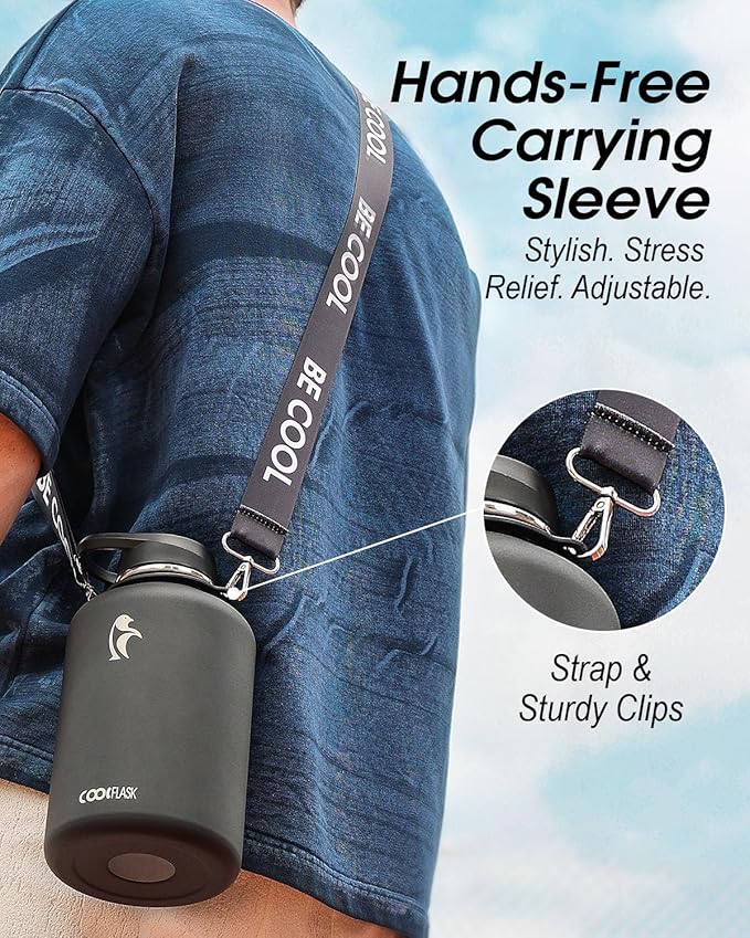 Coolflask 64oz Insulated Water Bottle with Strap, Half Gallon Large Water Jug with Straw & Spout Lids, Double Wall Stainless Steel Metal Flask, Keep Cold 48h Hot 24h, Leak Proof&Non-BPA, Magic Black