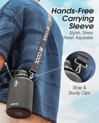 Coolflask 64oz Insulated Water Bottle with Strap, Half Gallon Large Water Jug with Straw & Spout Lids, Double Wall Stainless Steel Metal Flask, Keep Cold 48h Hot 24h, Leak Proof&Non-BPA, Magic Black