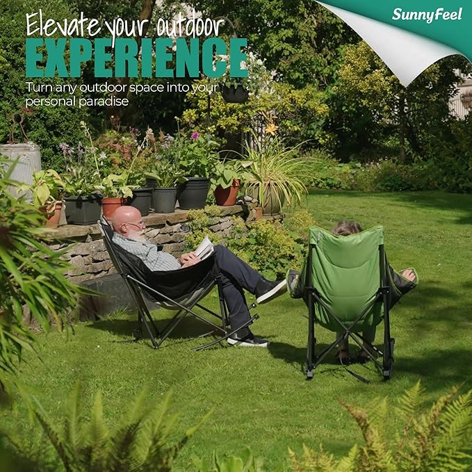 SUNNYFEEL Oversized Rocking Camping Chair, Fully Padded Patio Chair with Side Pocket, High Back Portable Lawn Recliner with Headrest, Outdoor Camp Rocker Chairs for Adults Heavy Duty 300 LBS