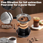 Pour Over Coffee Maker 1000ml 33.8oz Glass Drip Coffee Maker with 304 Stainless Steel Filter High Borosilicate Glass Duckbill Spout Solid Wood Handle Pour Over Coffee Dripper for Daily Brewing