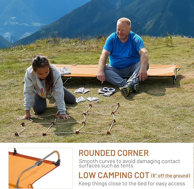 TIMBER RIDGE Lightweight Aluminum Camping Cot, 20-Second Quick Set-Up Folding Cot Low Profile with Zipper Closure, Portable Carry Bag for Camping, Travel and Outdoors, Support up to 225lbs, Orange