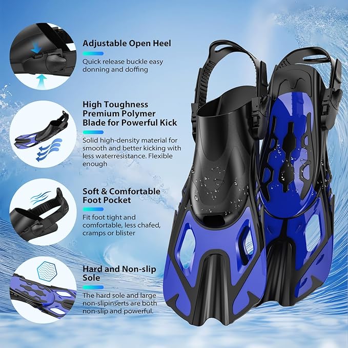 Snorkeling Gear for Adults, Mask Fin Snorkel Set, Dry Top Snorkel, Snorkeling Kit Travel Diving Package, Panoramic View Anti-Fog Anti-Leak Adjustable Swim Fins
