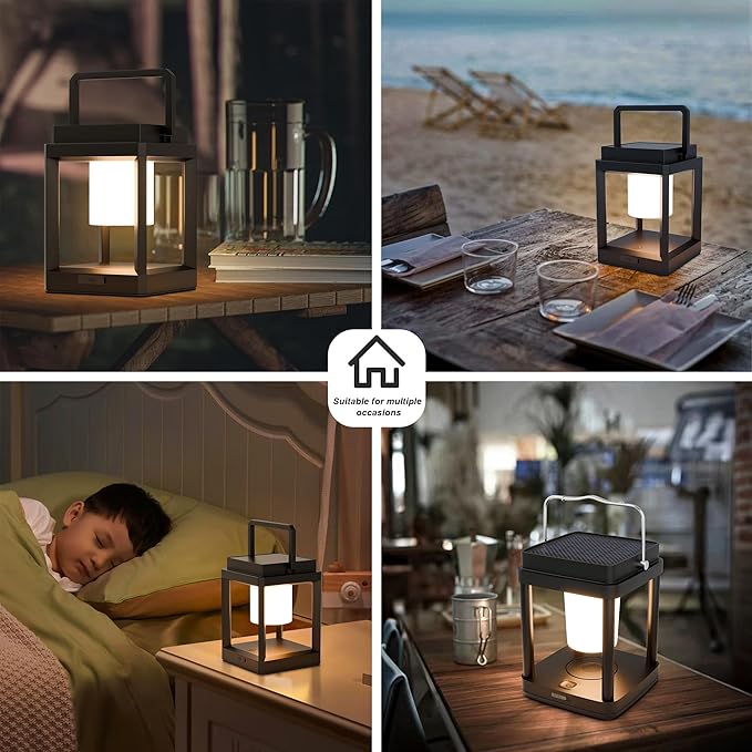 Outdoor Table Lamp, 3-Level Brightness Warm LED Lantern, USB & Solar Powered Solar lantern Waterproof, Touch Control Outdoor Lamps, Portable Cordless Lights for Patio, Balcony, Camping, Bedroom