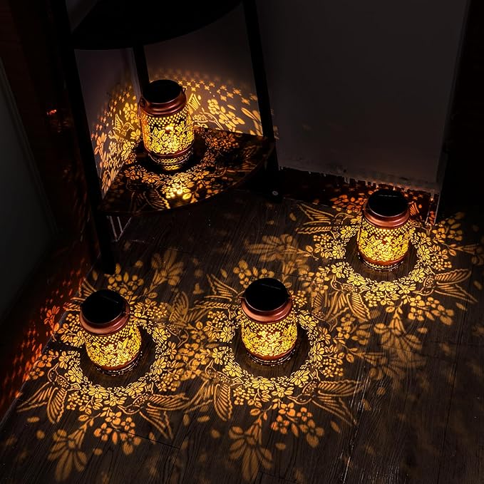 Boho Solar Lanterns Outdoor 2 Pack - Birthday Gifts for Women Mom Grandma Metal Hanging Solar Powered Unique Garden Decorative LED Lights (Fengming)