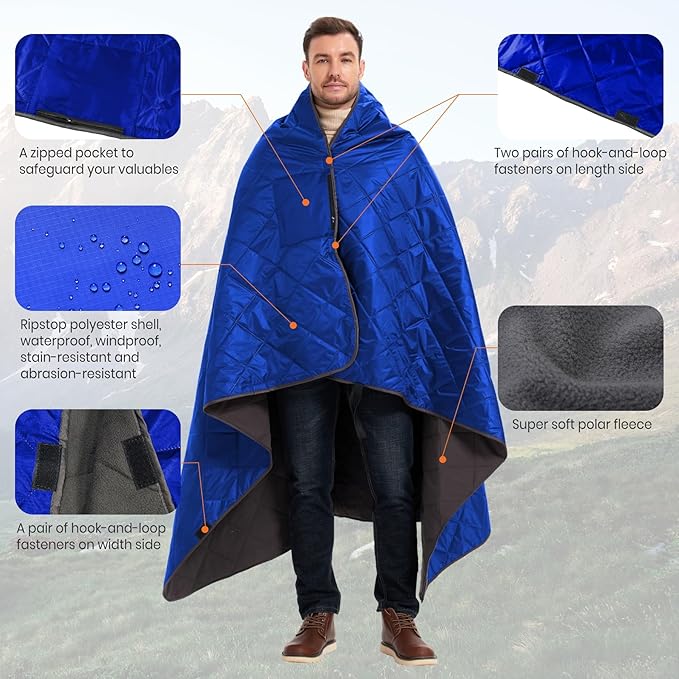 4-in-1 Large Outdoor Blanket - Waterproof & Windproof Thickened Warm Fleece Camping Blanket for Stadium, Hiking, Sporting Events - 81"x57", Packable (Sapphire Blue)