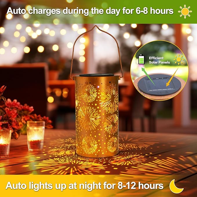 2 Pack Fireworks Birthday Gifts for Women Mom Grandma Solar Lanterns Outdoor Waterproof Garden Decor Metal Hanging LED Decorative Light for Patio Yard Lawn Backyard Front Porch Gardening Gifts