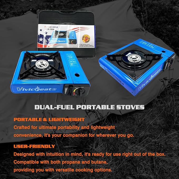 Vivicreate 7000 BTU Portable Butane Gas Stove for Camping Cooking Outdoor, Lightweight Portable Stove Burner with Auto Ignition, Estufa de Gas Portátil para Camping al Aire Libre（Blue）