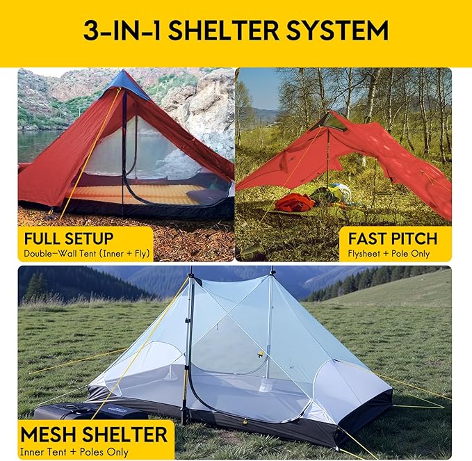 LANSHAN Ultralight Tent 3-Season Backpacking Tent for 1-Person or 2-Person Camping, Trekking, Kayaking, Climbing, Hiking