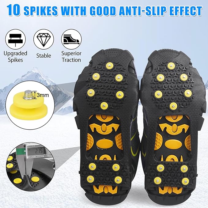 Ice Cleats for Shoes and Boots Men Women Winter Walking Ice Snow Cleats Anti Slip Crampons 10 Steel Studs Overshoe Slip-on Stretch Rubber Footwear