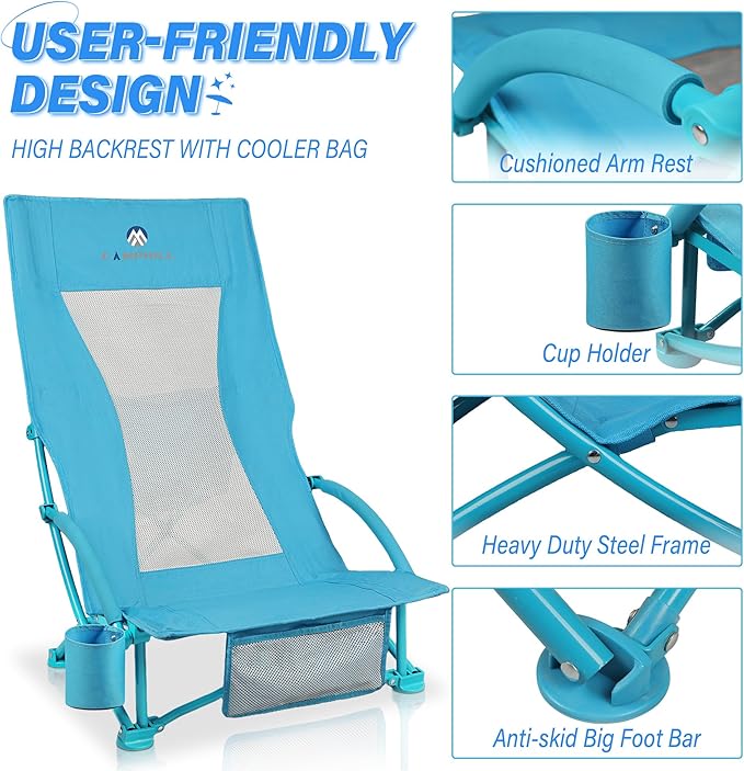 Beach Chairs for Adults 2 Pack,Heavy Duty Folding High Back Camping Chairs w/Cooler Bag,Mesh Back,Cup Holder & Storage Bag,Compact Sling Chair for Lawn,Picnic,Travel,Blue