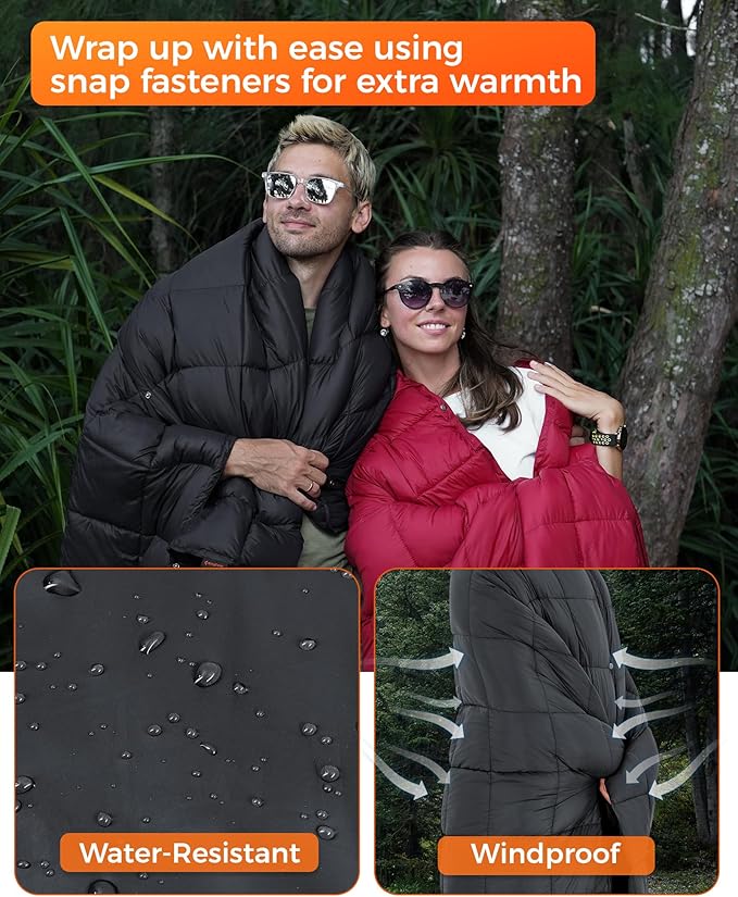 KingCamp Ultralight Camping Blanket, Packable Down Alternative Puffy Wearable Blankets Weatherproof Warm Package Quilt with Snap Buttons for Outdoor Hiking Travel Picnic Stadium (69"L x 53"W, BLACK)