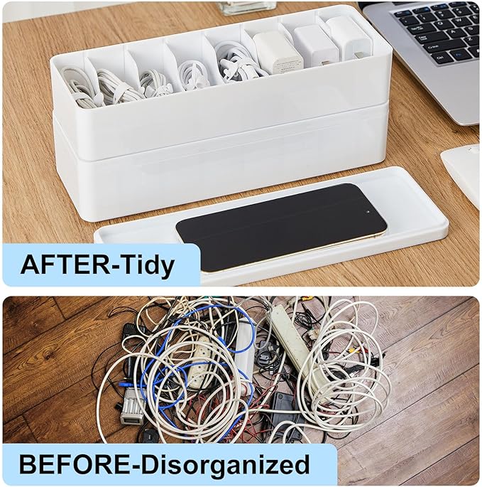 Tatuo 1 Pcs Cable Organizer Box with Wire Ties, Plastic Cord Storage Box with Lid, Electronics Organizer for Home Office Desk Organizers and Accessories (White)