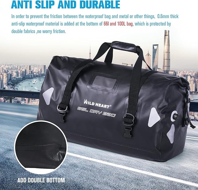 WILD HEART Waterproof Motorcycle Duffel Bag PVC500D Double-bottom With Rope Straps and Inner Pocket 40L 66L 100L for Kayaking, Camping, Boating,Motorcycle